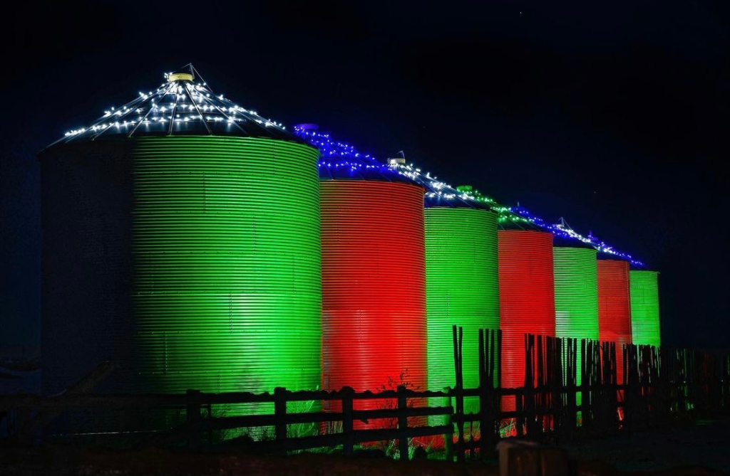 Row of grain silos lit with red and green uplighting and white holiday lighting installation outlining the tops against the night sky