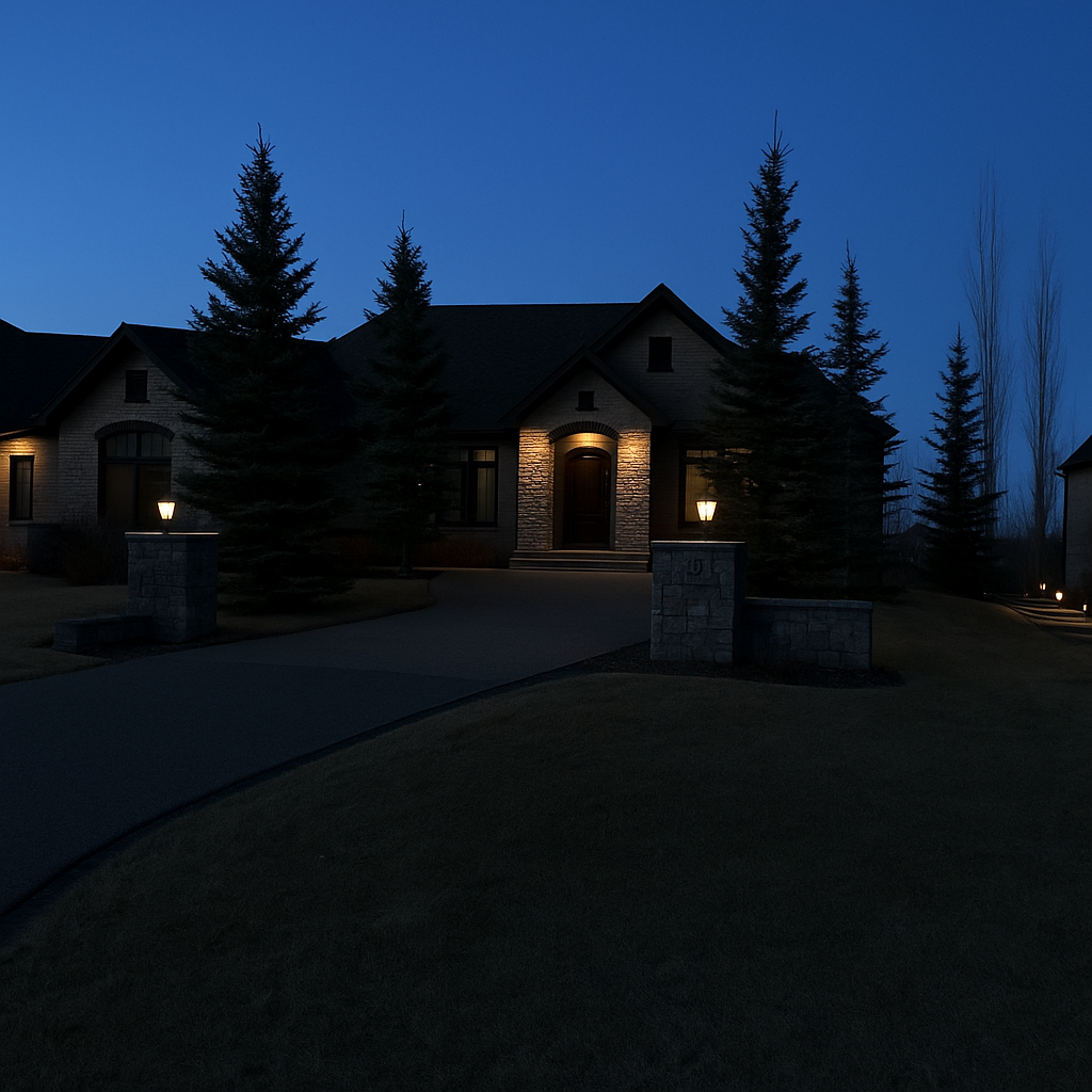 Stone home with peaked rooflines and evergreen trees at dusk