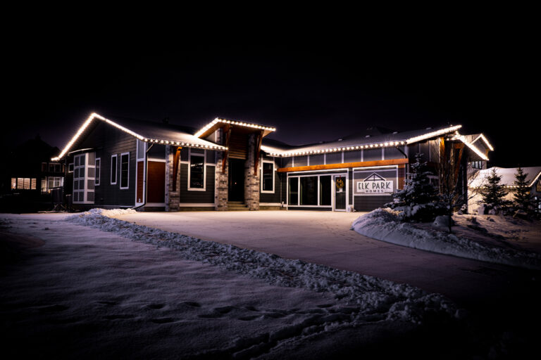 House decorated with professional holiday lighting, featuring bright white roofline lights that accent the modern architecture against a snowy winter backdrop.